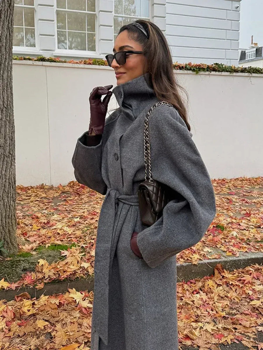 Linda | Belted High Neck Maxi Coat – Long Sleeve Button Front Outerwear