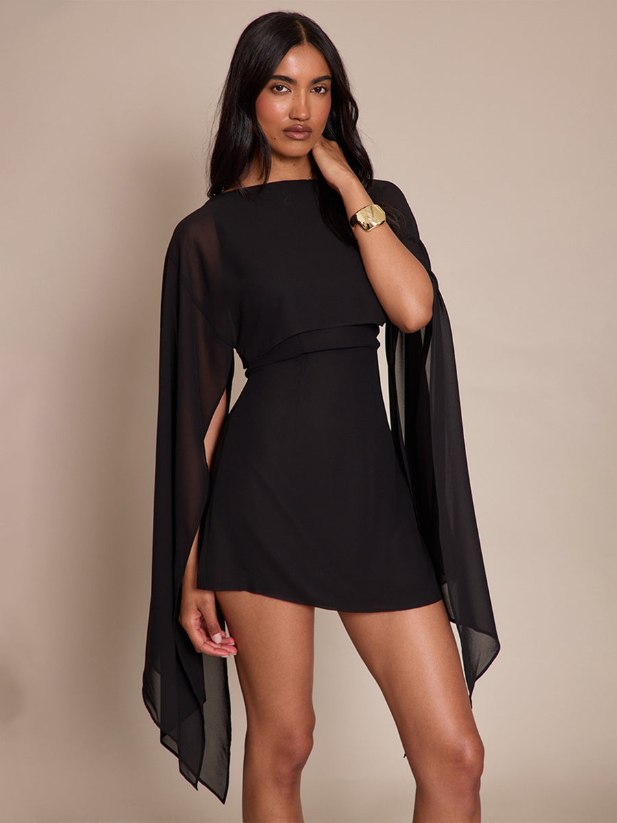 Linette | Cape Sleeve Mini Dress – Evening Boat Neck Sheer Draped Overlay