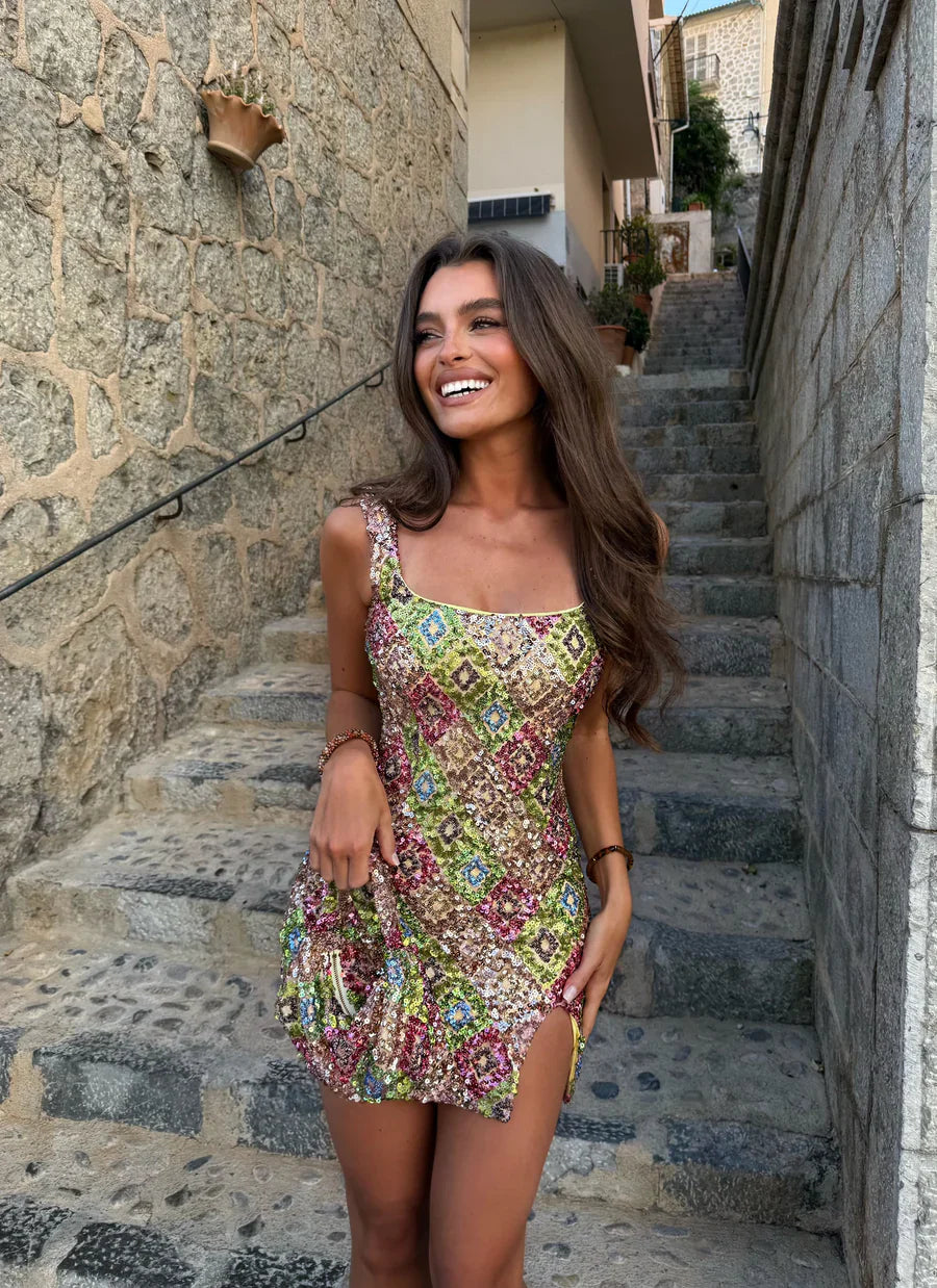 Lisa | Multi Sequin Mini – Square Neck Sleeveless Geometric Body-Con Party Dress