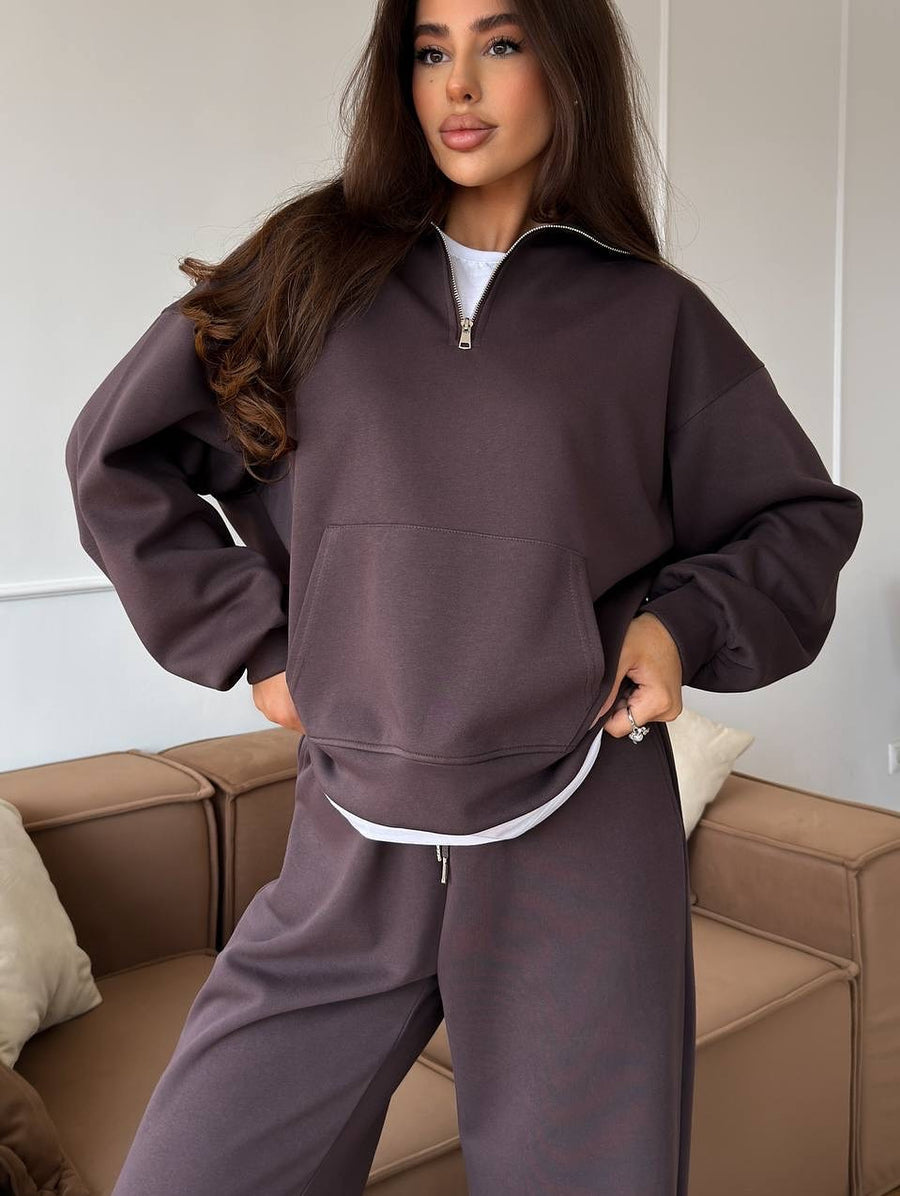 Lisette | Two Piece Sweat Set – Casual Half Zip Long Sleeve Wide Leg Pants