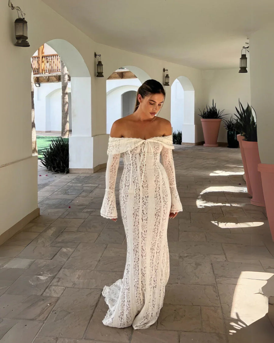 Lucy | Lace Maxi – Off Shoulder Tie Front Bell Sleeve Fishtail Holiday Dress