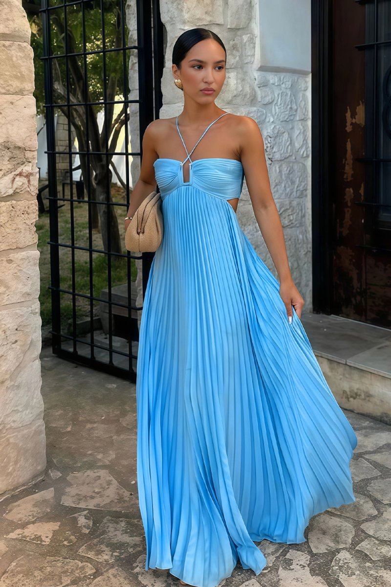 Luella | Halter Neck Pleated Maxi – Cut Out Summer Wedding Guest Dress