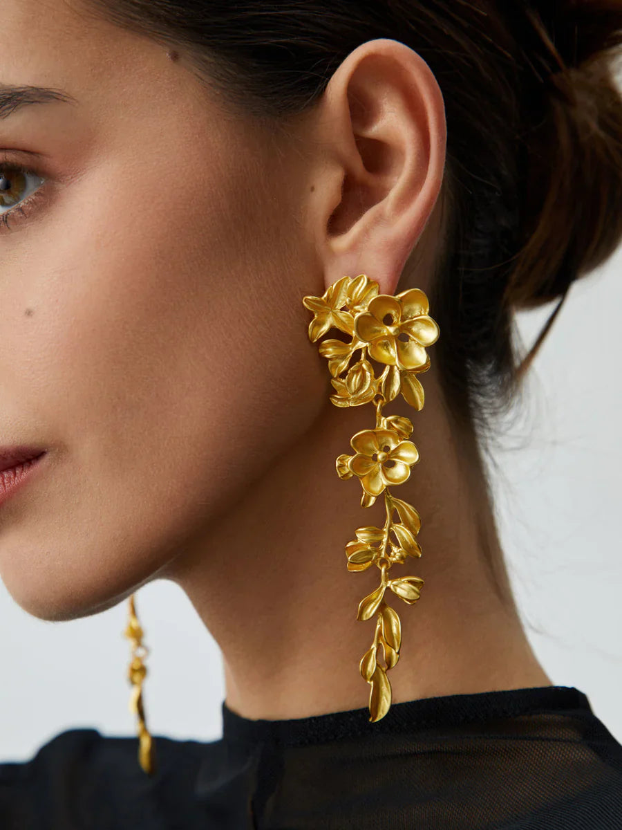 Luna | Gold Floral Cascade Drop Earrings – Long Botanical Statement Jewellery