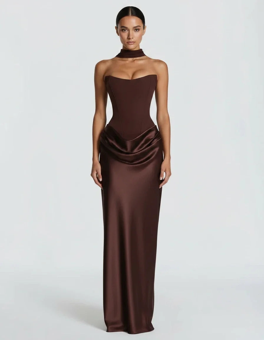 Mairead | Satin Maxi Dress – Evening Strapless Sweetheart Neck Draped Skirt