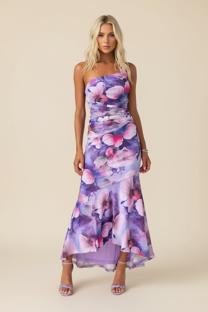Marissa | Floral Mesh Maxi – One Shoulder Ruched Body-Con Wedding Guest Dress