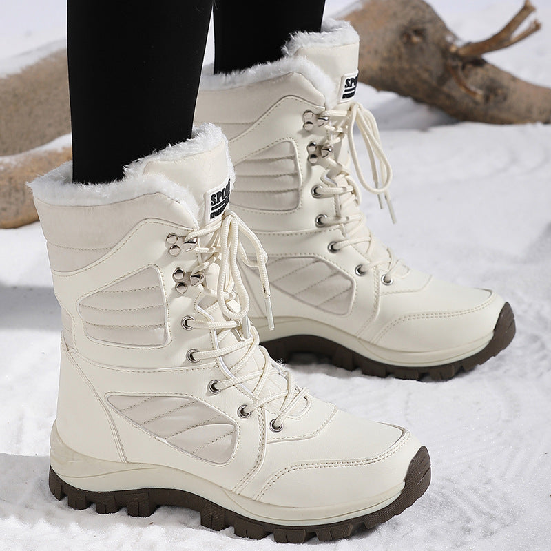 Marjorie | Mid Calf Winter Boots – Lace Up Round Toe Fuzzy Trim Lug Sole