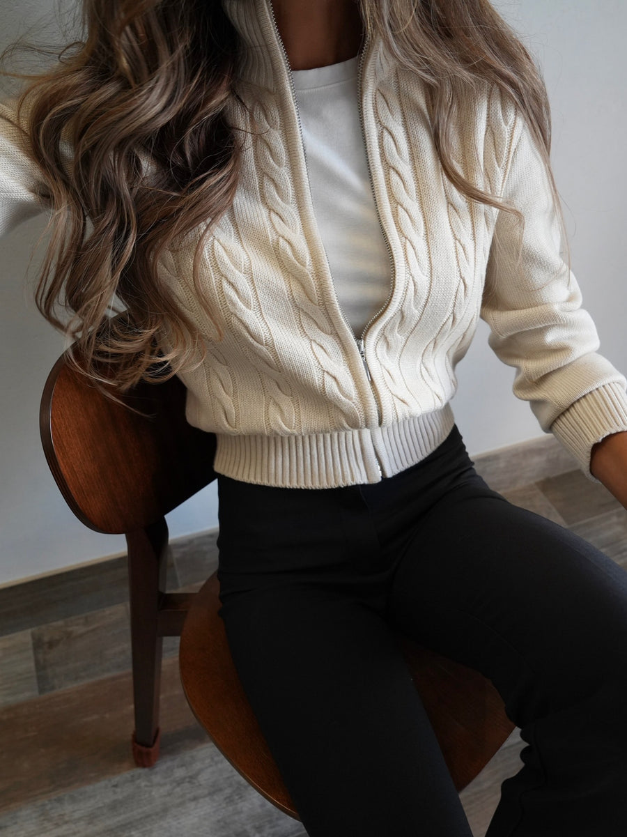 Marleigh | Cable Knit Cardigan – Zip Front High Neck Long Sleeve Ribbed Trim