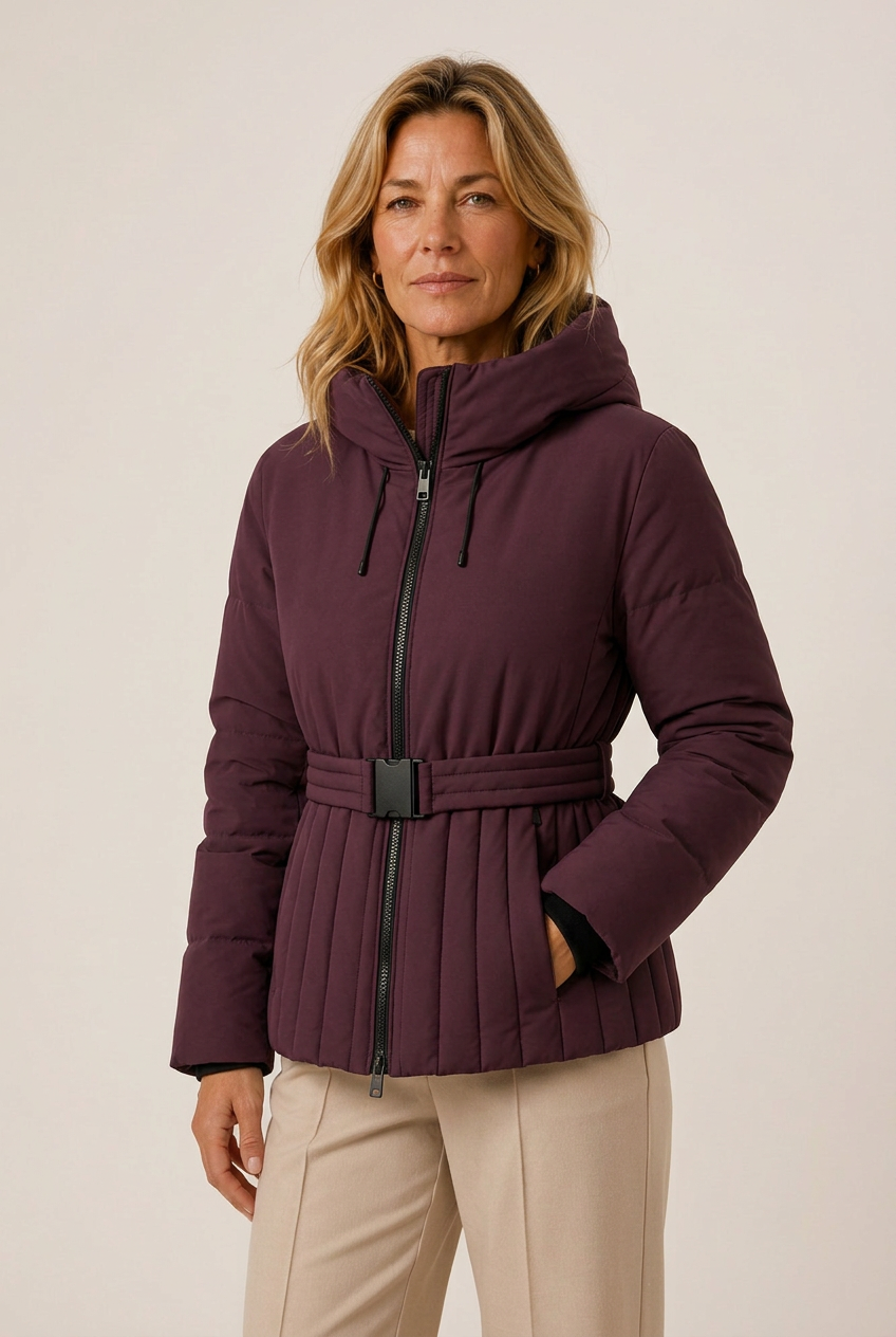 Minerva | Quilted Puffer Jacket – Winter Hooded Belted Zip Front Pleated Hem