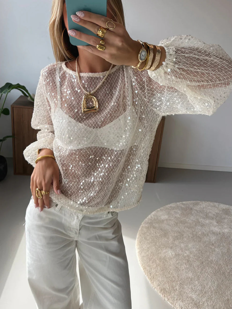 Monica | Sequin Mesh Top – Sheer Long Sleeve Round Neck Party Festival Top