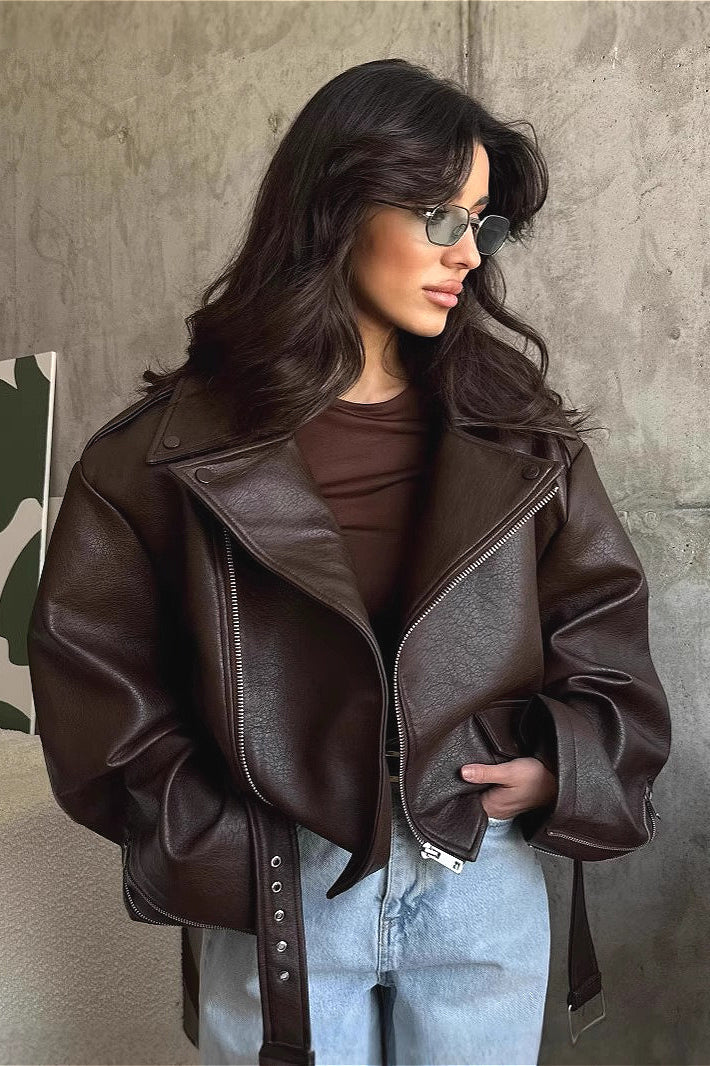 Regina | Oversized Biker Jacket – Asymmetric Zip Belted Long Sleeve