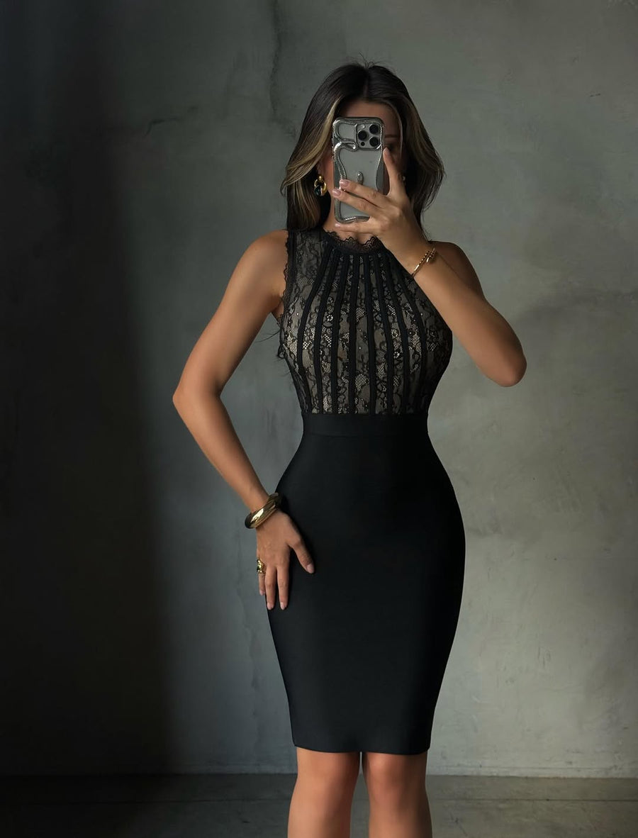 Roxanne | Lace Bodice Midi – High Neck Sleeveless Sheer Panel Body-Con Party Dress