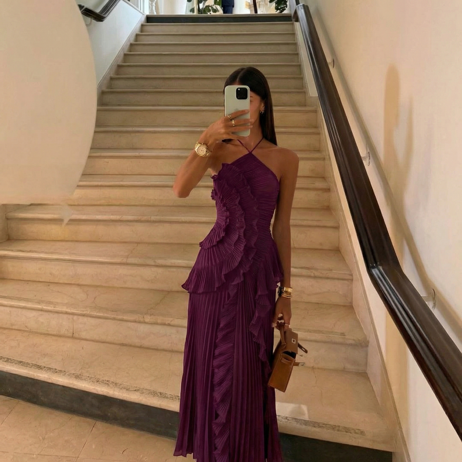 Samara | Pleated Ruffle Maxi Dress – Halter Neck Evening Layered Front