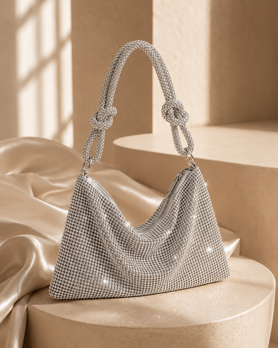 Sariah | Rhinestone Shoulder Bag – Evening Knotted Strap Zip Top
