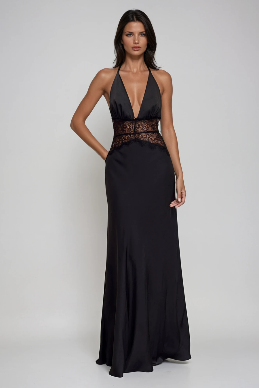Selene | Halter Neck Lace Waist Maxi – Deep V Satin Formal Evening Summer Dress