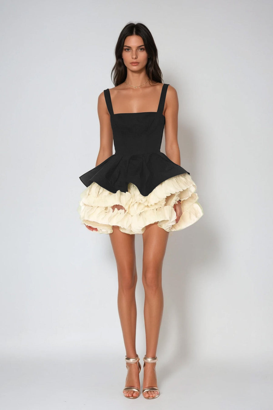 Sutton | Two Tone Mini – Square Neck Corset Tiered Ruffle Skirt Cocktail Dress