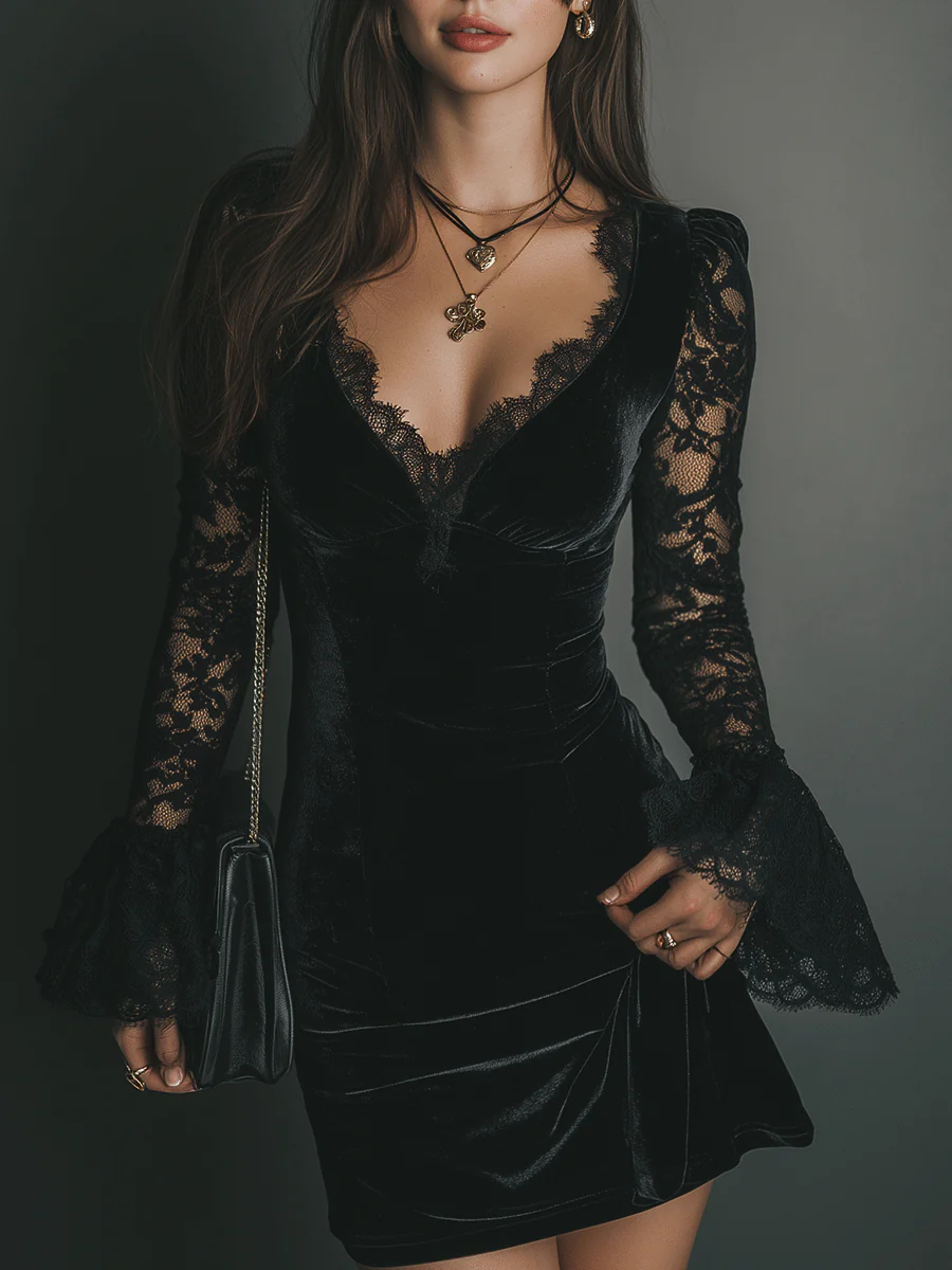Svea | Lace Velvet Mini Dress – Evening Plunge Neck Sheer Long Bell Sleeve