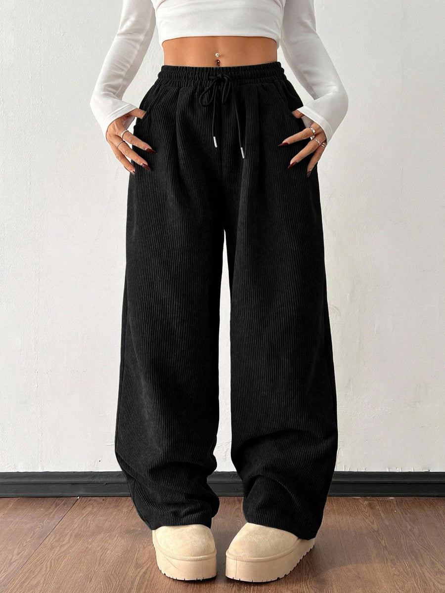 Theresa | Ribbed Wide Leg Pants – Casual Drawstring Waist Side Pockets