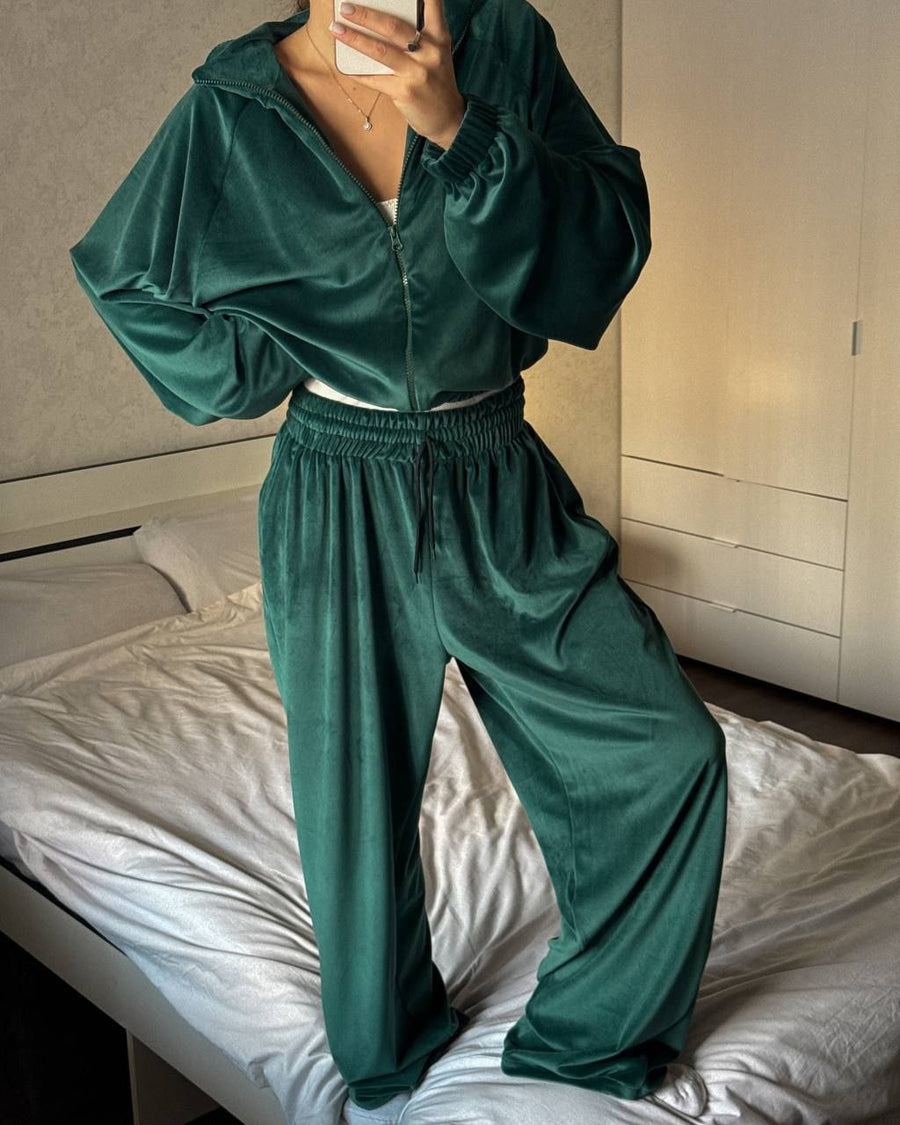 Veda | Velour Two Piece Set – Casual Zip Jacket Wide Leg Drawstring Pants