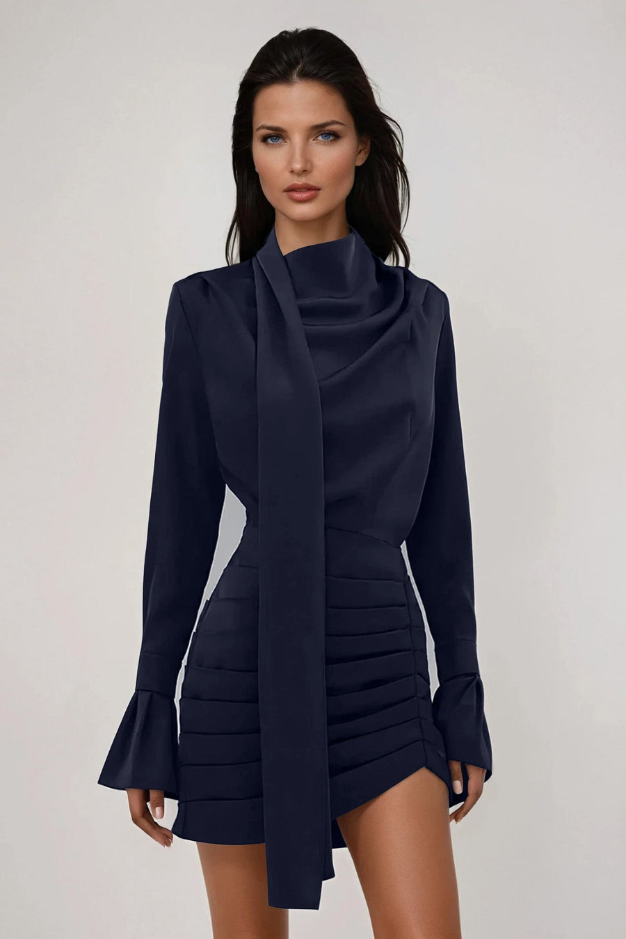 Winslow | Satin Mini – Cowl Neck Scarf Long Sleeve Pleated Skirt Party Dress
