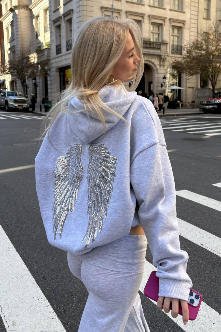 Ximena | Sequin Wing Graphic Hoodie – Hooded Long Sleeve Drop Shoulder Pullover