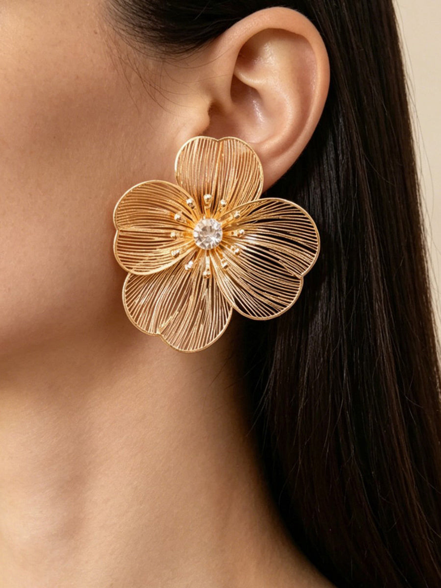 Yaretzi | Floral Stud Earrings – Oversized Petal Crystal Center Line Detail