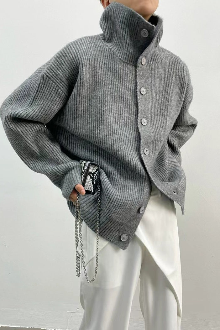 Yvette | Oversized Ribbed Cardigan – High Neck Button Front Long Sleeve