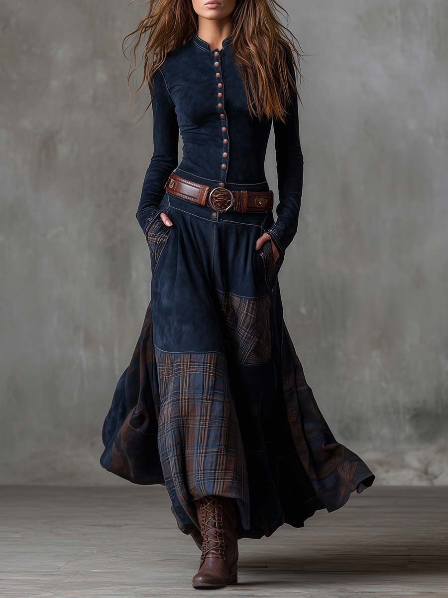 Yvonne | Belted Midi Dress – Casual V Neck Long Sleeve Button Front Pockets