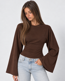 Violetta | Ruched Crop Top – Casual Crew Neck Long Bell Sleeve Gathered Waist