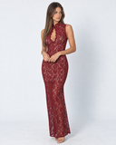 Finnie | Floral Lace Maxi Dress – Evening High Neck Keyhole Sleeveless Sheer Hem