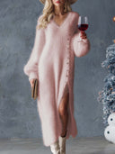Zadie | Fuzzy Knit Maxi Dress – Casual V Neck Long Sleeve Button Side Slit
