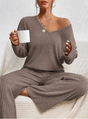 Marlene | Ribbed Knit Set – Casual V Neck Long Sleeve Wide Leg Pants