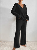 Marlene | Ribbed Knit Set – Casual V Neck Long Sleeve Wide Leg Pants