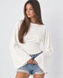 Violetta | Ruched Crop Top – Casual Crew Neck Long Bell Sleeve Gathered Waist