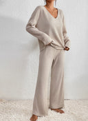 Marlene | Ribbed Knit Set – Casual V Neck Long Sleeve Wide Leg Pants