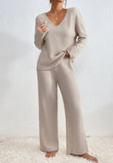 Marlene | Ribbed Knit Set – Casual V Neck Long Sleeve Wide Leg Pants