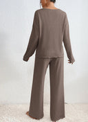 Marlene | Ribbed Knit Set – Casual V Neck Long Sleeve Wide Leg Pants