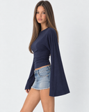 Violetta | Ruched Crop Top – Casual Crew Neck Long Bell Sleeve Gathered Waist