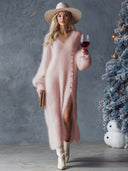 Zadie | Fuzzy Knit Maxi Dress – Casual V Neck Long Sleeve Button Side Slit