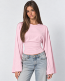 Violetta | Ruched Crop Top – Casual Crew Neck Long Bell Sleeve Gathered Waist