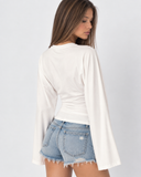 Violetta | Ruched Crop Top – Casual Crew Neck Long Bell Sleeve Gathered Waist
