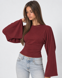 Violetta | Ruched Crop Top – Casual Crew Neck Long Bell Sleeve Gathered Waist