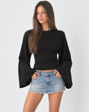 Violetta | Ruched Crop Top – Casual Crew Neck Long Bell Sleeve Gathered Waist