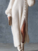 Zadie | Fuzzy Knit Maxi Dress – Casual V Neck Long Sleeve Button Side Slit