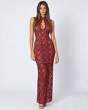 Finnie | Floral Lace Maxi Dress – Evening High Neck Keyhole Sleeveless Sheer Hem
