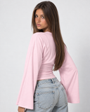 Violetta | Ruched Crop Top – Casual Crew Neck Long Bell Sleeve Gathered Waist
