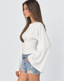 Violetta | Ruched Crop Top – Casual Crew Neck Long Bell Sleeve Gathered Waist