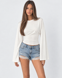 Violetta | Ruched Crop Top – Casual Crew Neck Long Bell Sleeve Gathered Waist