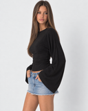 Violetta | Ruched Crop Top – Casual Crew Neck Long Bell Sleeve Gathered Waist
