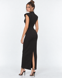 Kelley | Tailored Maxi Dress – Evening Stand Collar Deep V Neck Cap Sleeves