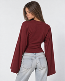 Violetta | Ruched Crop Top – Casual Crew Neck Long Bell Sleeve Gathered Waist